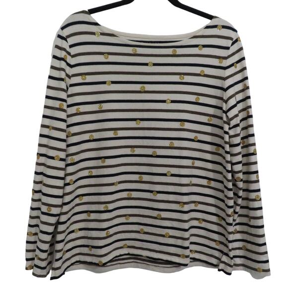Talbots Women Sz L Cream Black Brown Striped Long Sleeve Top Gold Polka Dot - Picture 1 of 5
